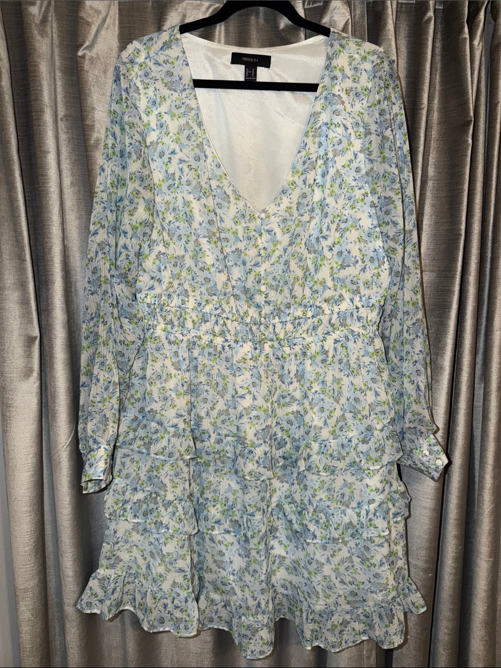Forever 21 Light Blue and Green Floral V-Neck Tiered Dress
